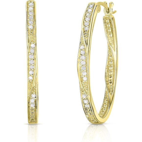 Large Twisted Oval 1/4 Cttw Diamond Hoop Earrings for Women in 925 Sterling Silv
